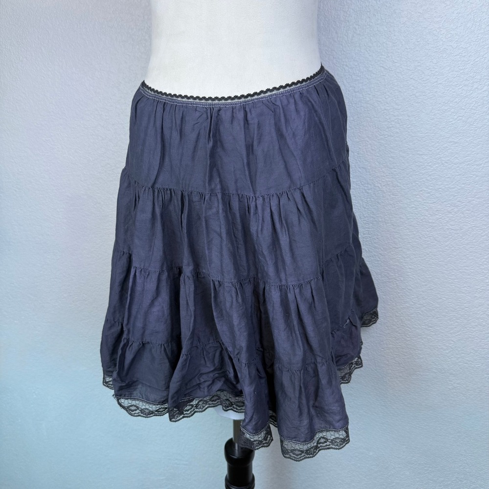 Y2K Julie's Closet Womens Tiered Ruffle Boho Skirt Lace Trim Charcoal Grey Sz M - Picture 3 of 8